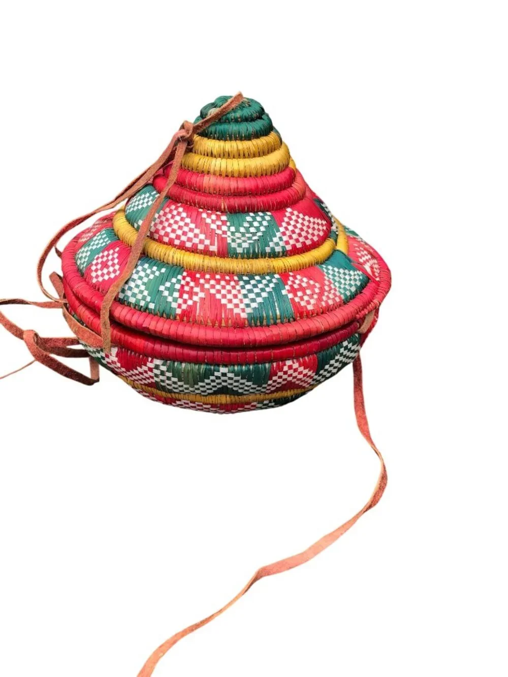 Ethiopian Handwoven Multi-Color Coiled Basket Lid Leather Straps Traditional Des